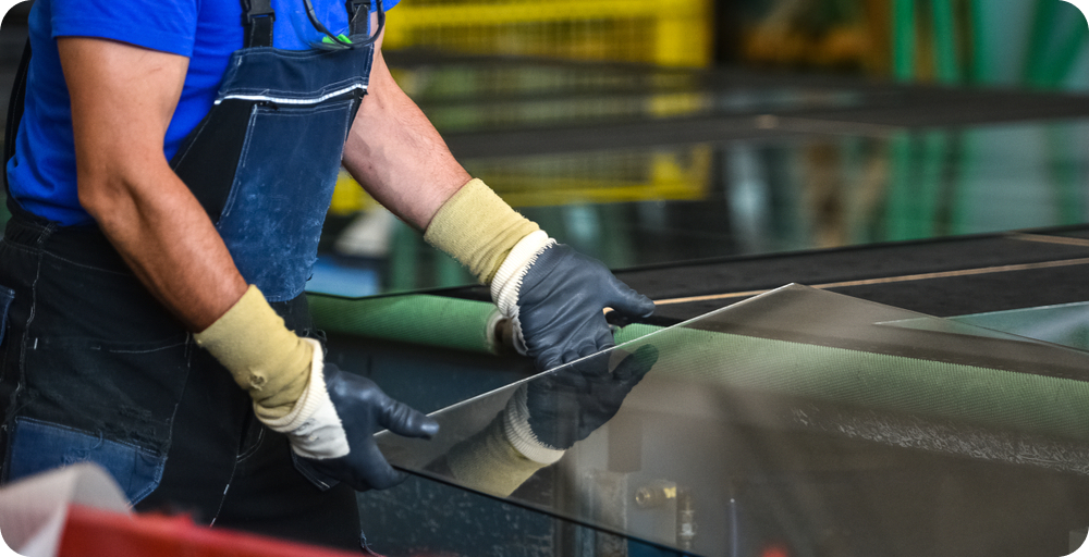 Worker precision-cutting glass in an industrial setting.
